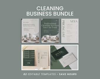 May include: A business bundle with templates for cleaning services. The image features brochures, pricing lists, and business cards in shades of green and white. Text includes "Cleaning Business Bundle", "Professional Cleaning Services", and "Thank You". The bundle includes 62 editable templates.