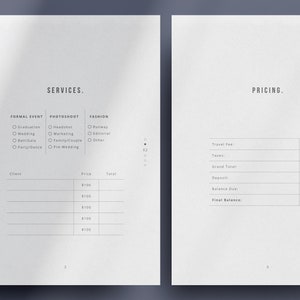 May include: A black and white document with the words "SERVICES" and "PRICING" at the top. The document lists different services and their prices. The services include formal events, photoshoots, and fashion.
