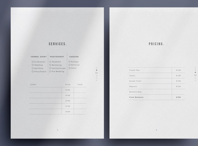May include: A black and white document with the words "SERVICES" and "PRICING" at the top. The document lists different services and their prices. The services include formal events, photoshoots, and fashion.