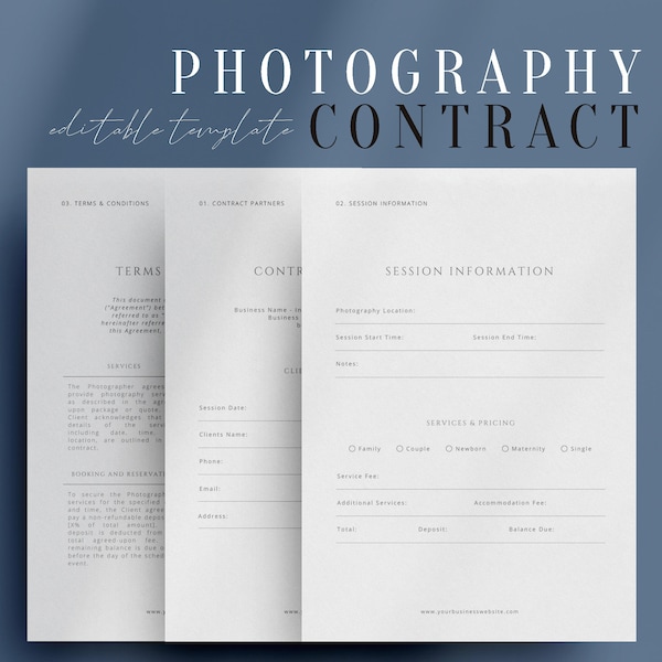 Photography Client Contract Template, Photography Forms, Client Agreement, Contract for Photographers Editable Canva Template