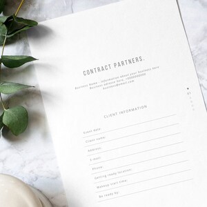 May include: A white contract form with the title "CONTRACT PARTNERS." and "CLIENT INFORMATION." The form includes fields for business name, address, email, event date, client name, address, email, phone, getting ready location, makeup start time, and be ready by.