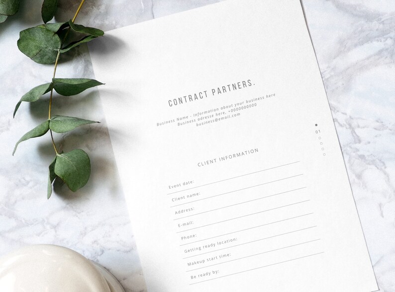 May include: A white contract form with the title "CONTRACT PARTNERS." and "CLIENT INFORMATION." The form includes fields for business name, address, email, event date, client name, address, email, phone, getting ready location, makeup start time, and be ready by.
