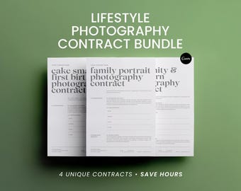 May include: A bundle of four white photography contracts with black text, including "Cake Smash," "Family Portrait," and "Maternity & Newborn" contracts. The text "LIFESTYLE PHOTOGRAPHY CONTRACT BUNDLE" is at the top. The bottom text reads "4 UNIQUE CONTRACTS • SAVE HOURS."