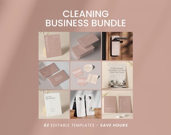 May include: A business bundle with templates for cleaning services. The image shows various stationery items, including business cards, door hangers, and a service agreement, all in a soft pink color. Text includes "Cleaning Business Bundle" and "62 Editable Templates - Save Hours."
