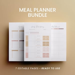 Meal Planner Bundle: Editable Weekly Meal Prep, Food Diary & Grocery List
