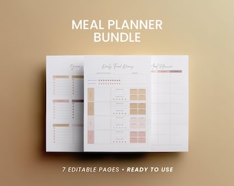 Meal Planner Bundle: Editable Weekly Meal Prep, Food Diary & Grocery List