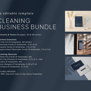 May include: A dark blue graphic with the text "CLEANING BUSINESS BUNDLE" and a list of templates for business essentials and marketing materials. Includes business cards (3.5 x 2 in), door hangers (4.25 x 11 in), and stickers (2 x 2 in).