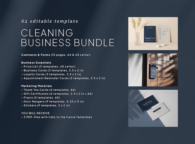 May include: A dark blue graphic with the text "CLEANING BUSINESS BUNDLE" and a list of templates for business essentials and marketing materials. Includes business cards (3.5 x 2 in), door hangers (4.25 x 11 in), and stickers (2 x 2 in).