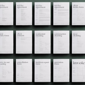 May include: A collection of white paper forms with various titles, including "Service Agreement," "Client Intake Form," and "Invoice." The forms are arranged on a dark green background, with text in a simple, elegant font.