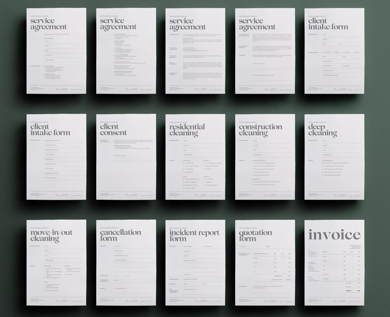 May include: A collection of white paper forms with various titles, including "Service Agreement," "Client Intake Form," and "Invoice." The forms are arranged on a dark green background, with text in a simple, elegant font.