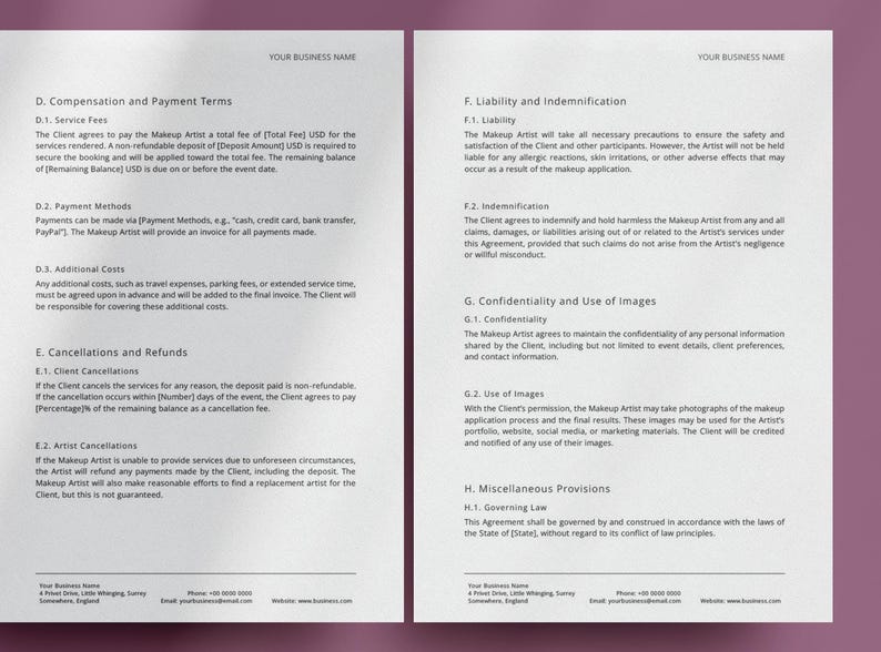 MUA Contract Template, Makeup Artist Contract, Makeup Contract