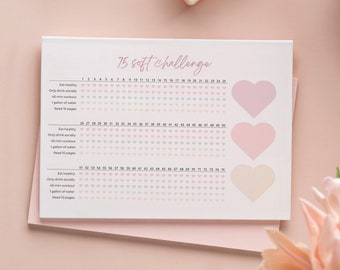 May include: A printable 75 soft challenge tracker with three sections. Each section has a list of four healthy habits: eat healthy, only drink socially, 45-minute workout, 1 gallon of water, and read 10 pages. Each section has 25 pink hearts to color in as you complete the challenge.
