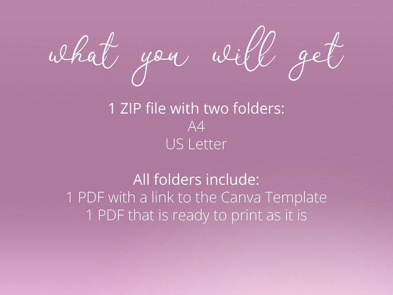 May include: Text on a pink background that reads "what you will get" followed by "1 ZIP file with two folders: A4 US Letter" and "All folders include: 1 PDF with a link to the Canva Template 1 PDF that is ready to print as it is"