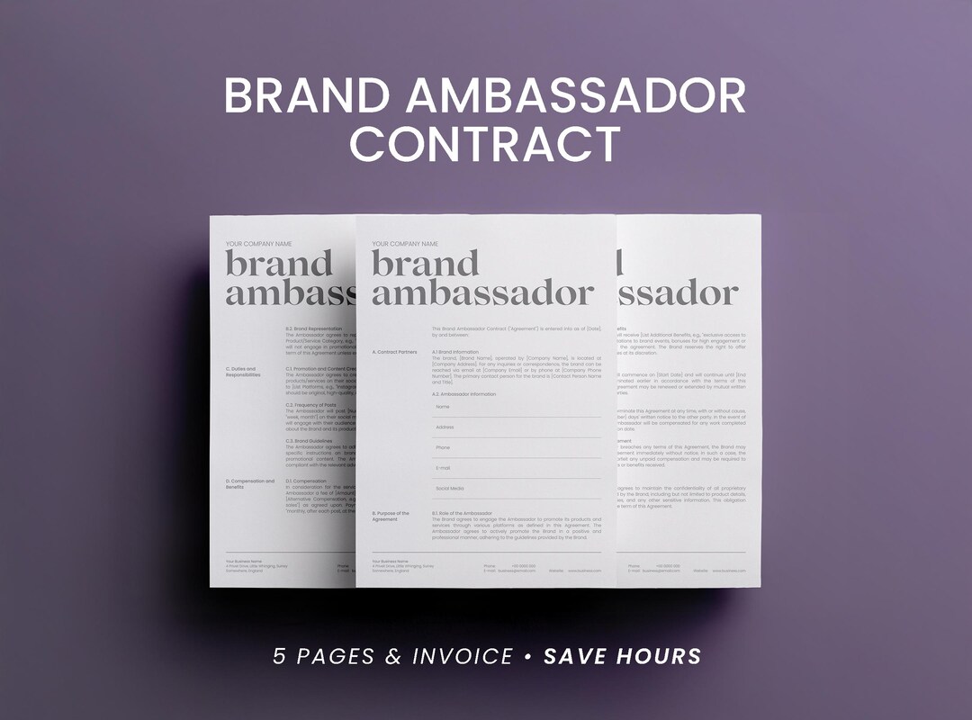Brand Ambassador Contract Template: Editable Social Media Influencer ...