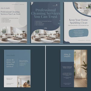 May include: A collection of promotional flyers for cleaning services. The flyers feature text such as "Professional Cleaning Services You Can Trust" and "Keep Your Home Sparkling Clean." Each flyer has a different design, with images of clean homes.