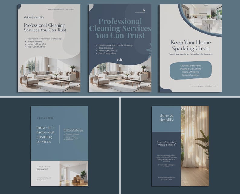 May include: A collection of promotional flyers for cleaning services. The flyers feature text such as "Professional Cleaning Services You Can Trust" and "Keep Your Home Sparkling Clean." Each flyer has a different design, with images of clean homes.