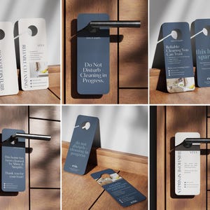 May include: A collection of door hangers in various designs. Some are white with black text, reading "Do Not Disturb Cleaning in Progress" and "Reliable Cleaning." Others are navy blue with white text, including "Do Not Disturb Cleaning in Progress."