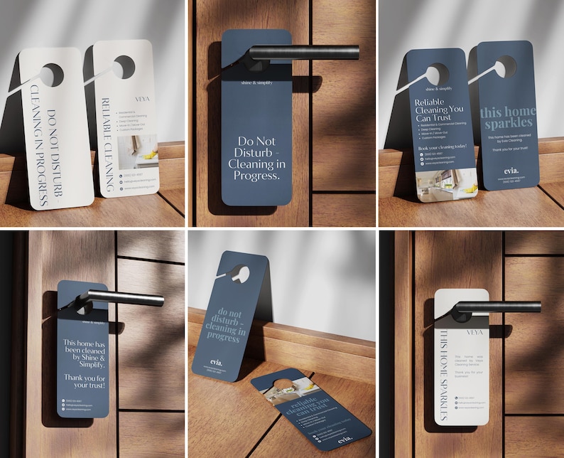 May include: A collection of door hangers in various designs. Some are white with black text, reading "Do Not Disturb Cleaning in Progress" and "Reliable Cleaning." Others are navy blue with white text, including "Do Not Disturb Cleaning in Progress."