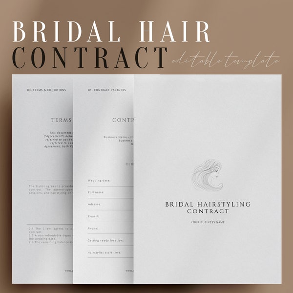 Bridal Hair Contract Template, Wedding Bridal Party Salon Services, Bride Hairstyle Agreement, Freelance Hairstylists, Editable Template