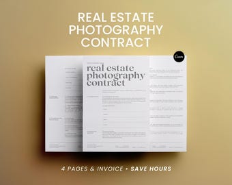 May include: A white, folded document titled "Real Estate Photography Contract" with the Canva logo. The document has a light gray background and includes the text "4 Pages & Invoice • Save Hours".