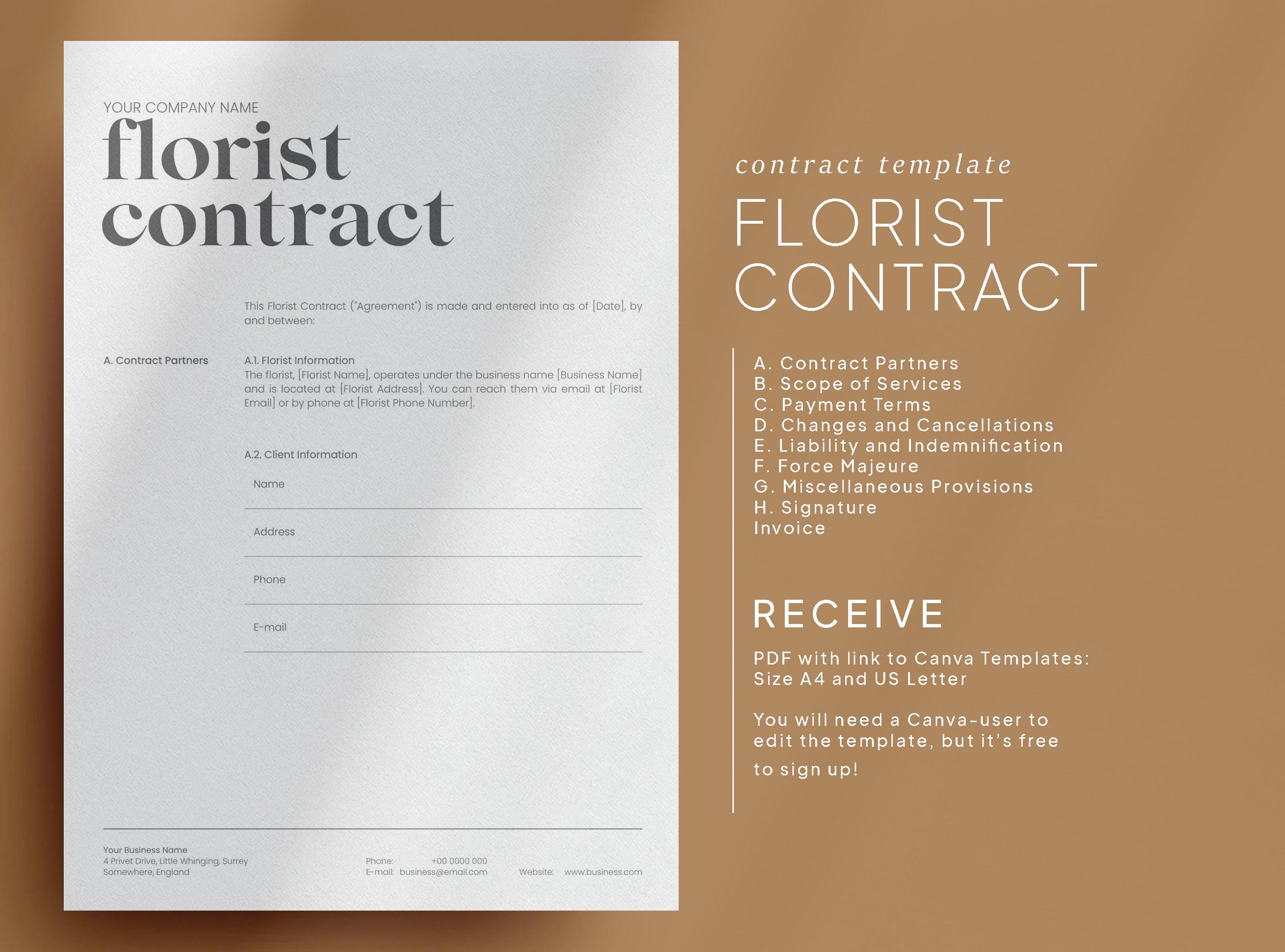 Floral Contract Template: Editable Client Agreement for Florists ...
