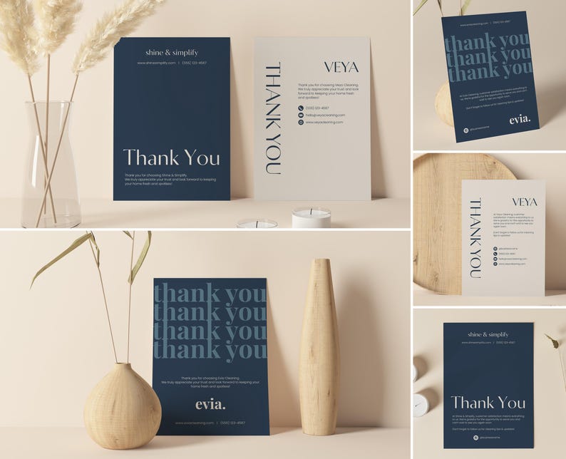 May include: A collection of navy blue and cream-colored thank you cards with minimalist designs. Some cards feature the text "Thank You" in a bold font, while others display the company name "Veya" and contact information. The cards are arranged with decorative vases.