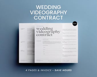 May include: A wedding videography contract template with the text "Wedding Videography Contract" in a modern font. The document is white with gray text and is set against a blue background. The text "4 Pages & Invoice • Save Hours" is at the bottom.