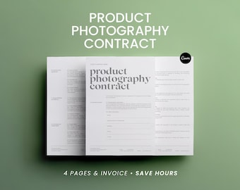 May include: A product photography contract template with the text "PRODUCT PHOTOGRAPHY CONTRACT" in large, bold letters. The document is white with black text and is set against a green background. The text "4 PAGES & INVOICE • SAVE HOURS" is at the bottom.