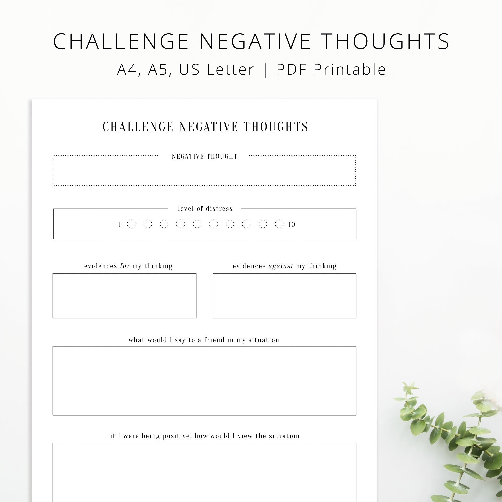 Challenge Negative Thoughts Printable Therapy Worksheet PDF Printable