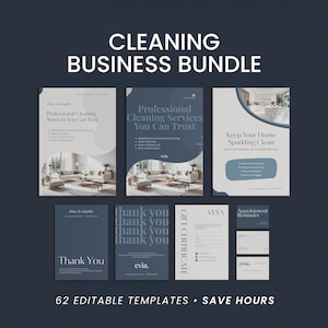 Può includere: Grafica blu scuro con il testo "CLEANING BUSINESS BUNDLE" in alto. L'immagine presenta modelli per servizi di pulizia, tra cui volantini, biglietti di ringraziamento, buoni regalo e promemoria appuntamenti. Il testo "62 EDITABLE TEMPLATES • SAVE HOURS" è in basso.