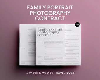 May include: A white document titled "Family Portrait Photography Contract" with text in a sans-serif font. The document is on a purple background. The text "5 PAGES & INVOICE • SAVE HOURS" is at the bottom.