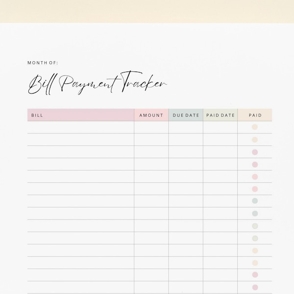 Bill Payment Tracker | Size A4, US Letter, A5 | Editable Monthly Bill Tracker | Bill Planner | Bill Payment Tracker Printable | Finance PDF