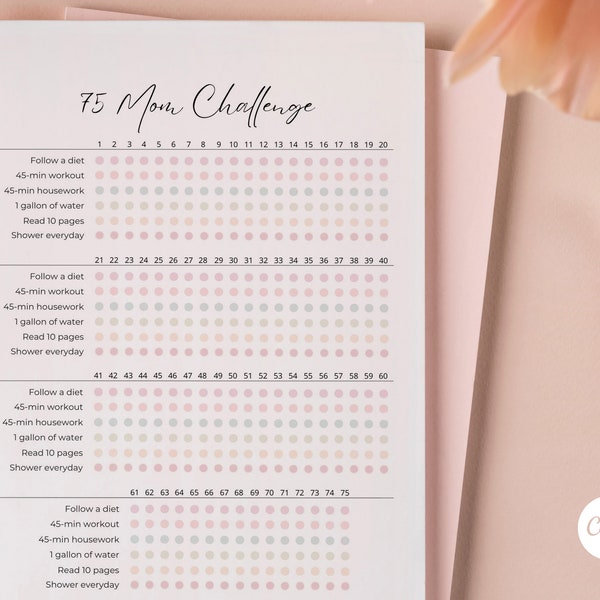 75 Mom Challenge Printable, 75 Mom Tracker, Editable Canva Template, Self Care Challenge, Weekly Meal Planner, Workout Tracker