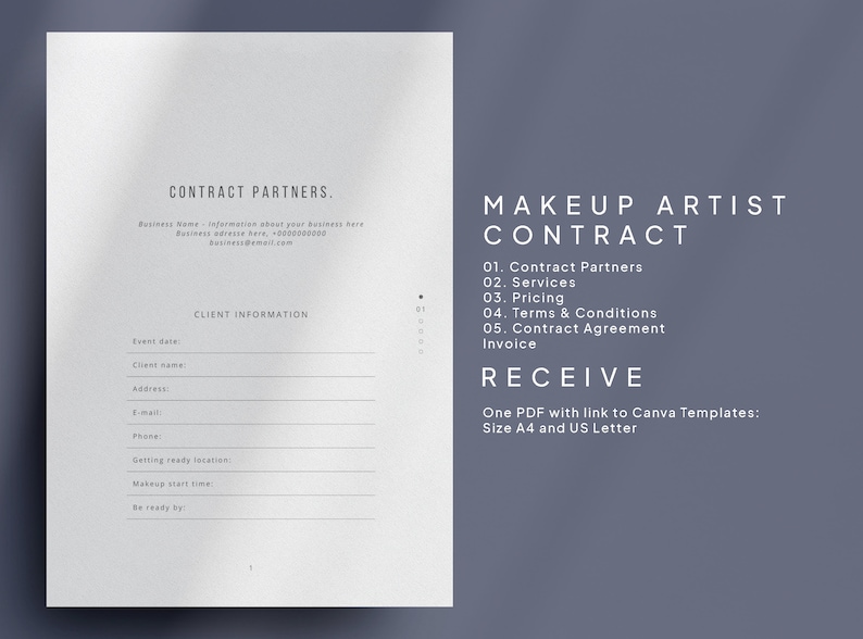 May include: A printable makeup artist contract template with sections for client information, contract partners, services, pricing, terms and conditions, contract agreement, and invoice. The document is available in A4 and US Letter sizes.