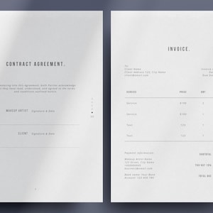 May include: A black and white contract agreement and invoice document. The contract agreement has the title "Contract Agreement" and the invoice has the title "Invoice".