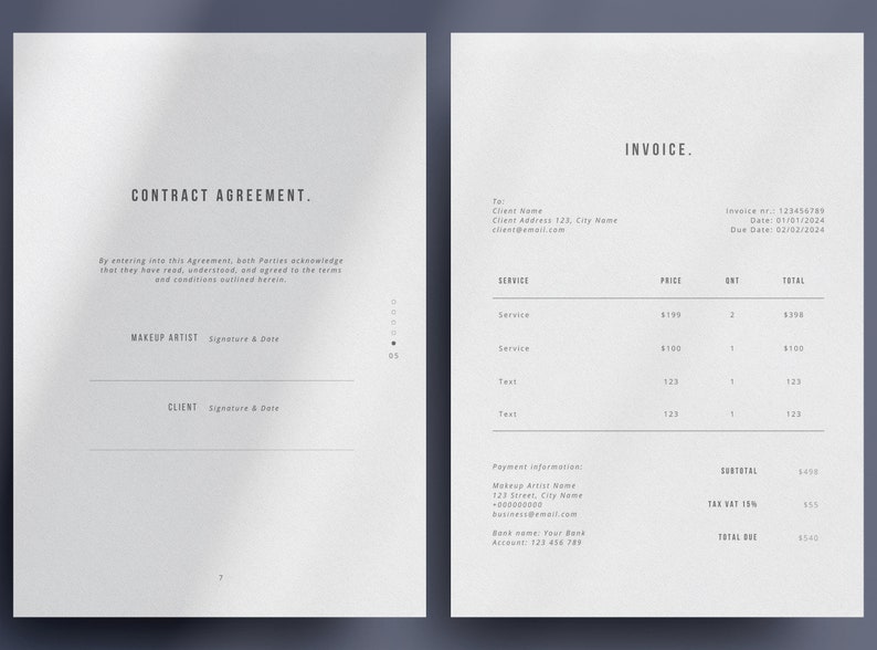 May include: A black and white contract agreement and invoice document. The contract agreement has the title "Contract Agreement" and the invoice has the title "Invoice".