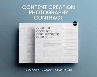 May include: A white document titled "CONTENT CREATION PHOTOGRAPHY CONTRACT" with the Canva logo. The document is on a blue background and includes the text "4 PAGES & INVOICE • SAVE HOURS". The document is a contract.