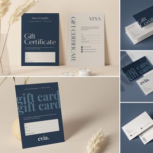 May include: A collection of gift certificates and gift cards in various arrangements. The cards feature a minimalist design with the words "Gift Certificate" or "Gift Card" in white or light blue on a dark blue background. Some cards have the text "evia."