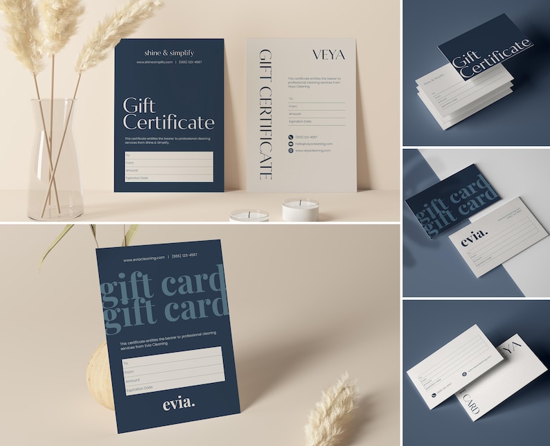 May include: A collection of gift certificates and gift cards in various arrangements. The cards feature a minimalist design with the words "Gift Certificate" or "Gift Card" in white or light blue on a dark blue background. Some cards have the text "evia."