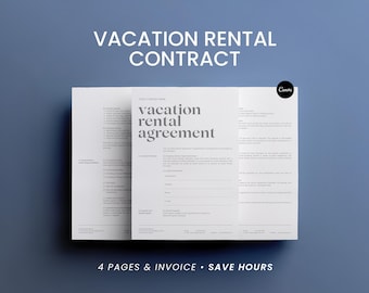 May include: A white vacation rental agreement document with the text "VACATION RENTAL CONTRACT" at the top. The document includes the text "vacation rental agreement" and "4 PAGES & INVOICE • SAVE HOURS". The background is a solid blue.