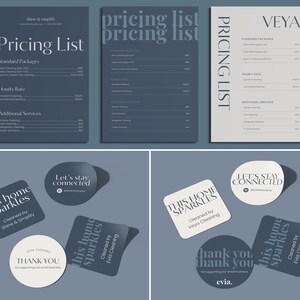 May include: A collection of marketing materials, including pricing lists and thank you stickers. The pricing lists are in shades of blue and white, with text detailing cleaning services. The stickers say "This home sparkles" and "Thank you."