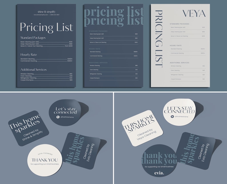 May include: A collection of marketing materials, including pricing lists and thank you stickers. The pricing lists are in shades of blue and white, with text detailing cleaning services. The stickers say "This home sparkles" and "Thank you."