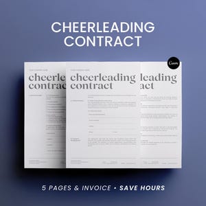 May include: Three white Cheerleading Contract documents with black text on a blue background. The text includes "CHEERLEADING CONTRACT" at the top and "5 PAGES & INVOICE • SAVE HOURS" at the bottom. The Canva logo is in the upper right corner.