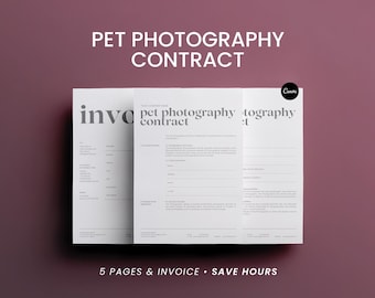 May include: A white document titled "PET PHOTOGRAPHY CONTRACT" with the Canva logo. The document is displayed on a dark red background. The text "5 PAGES & INVOICE • SAVE HOURS" is at the bottom.