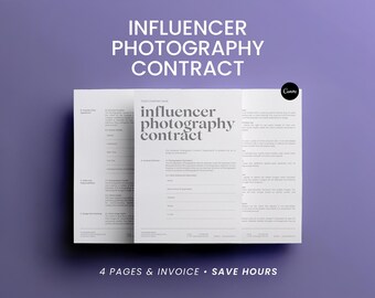 May include: A white "Influencer Photography Contract" document with text on a purple background. The document includes the text "4 pages & invoice • save hours". The Canva logo is in the upper right corner.