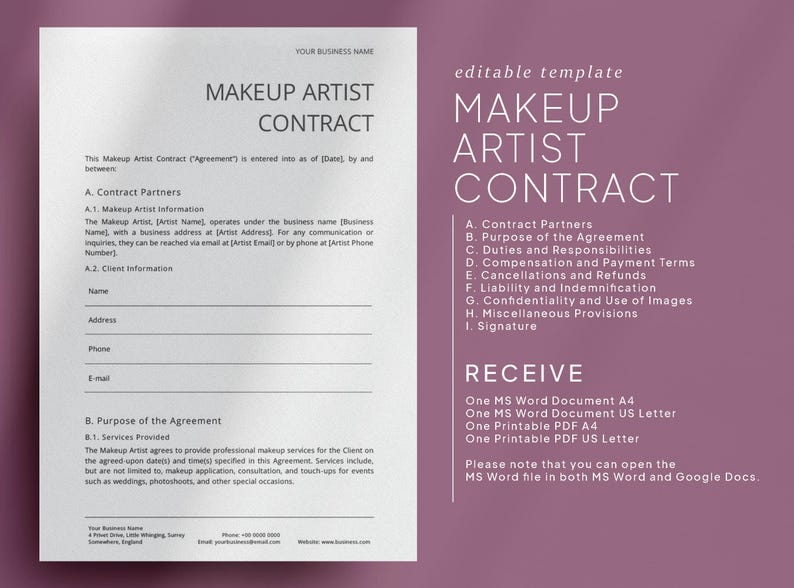 MUA Contract Template, Makeup Artist Contract, Makeup Contract
