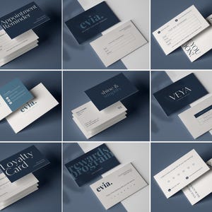 May include: A collection of business cards with various designs and text. Some cards feature the word "evia" in a modern font. Other cards include phrases like "Appointment Reminder," "Loyalty Card," and "Rewards Program." The color scheme is primarily navy and white.