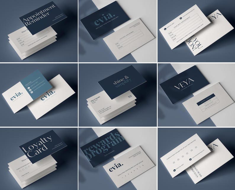 May include: A collection of business cards with various designs and text. Some cards feature the word "evia" in a modern font. Other cards include phrases like "Appointment Reminder," "Loyalty Card," and "Rewards Program." The color scheme is primarily navy and white.