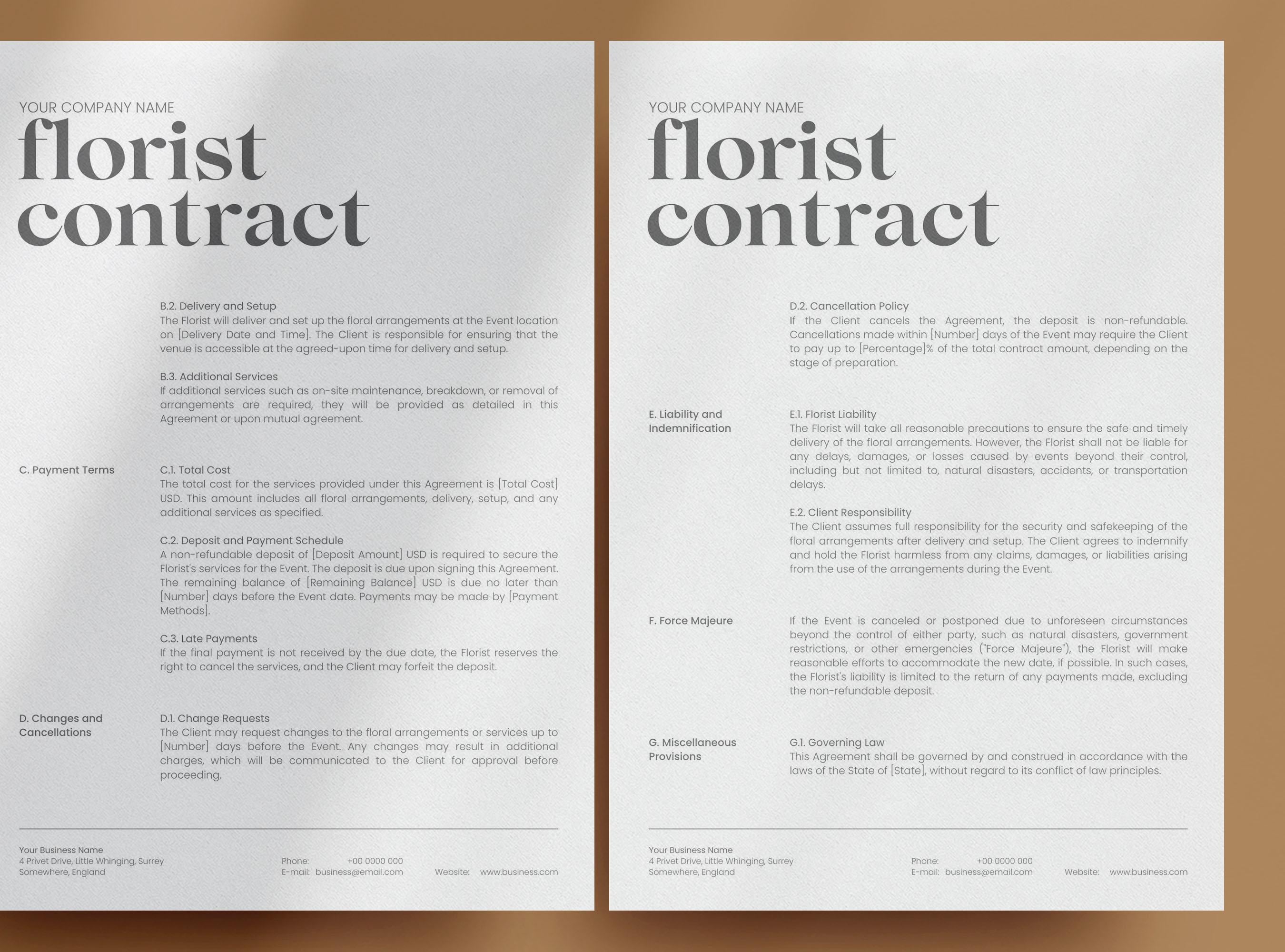 Floral Contract Template Editable Client Agreement for Florists
