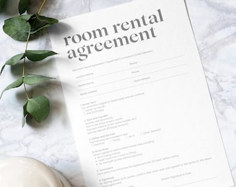 May include: A white room rental agreement form with the words "room rental agreement" in gray. The form includes fields for landlord and tenant information, rental terms, rent and payment details, and house rules. Green leaves are in the background.